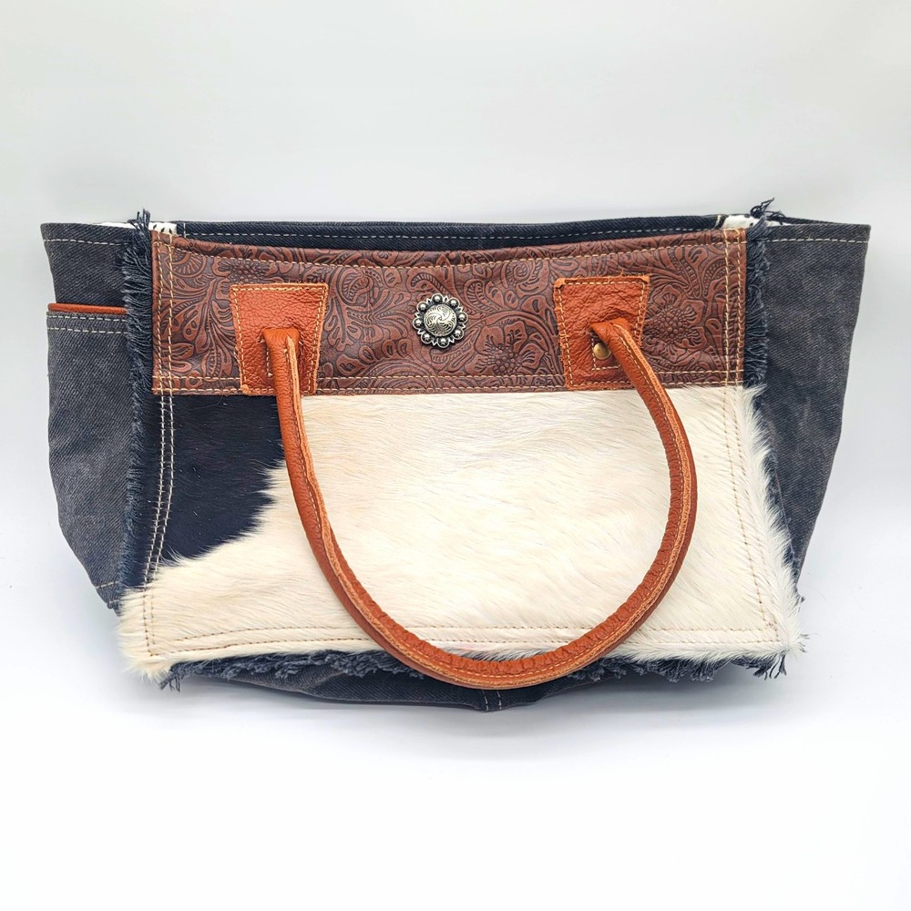 Myra Bag Cowhide Tote Purse Black Canvas Leather Western Boho Cowgirl Concho
